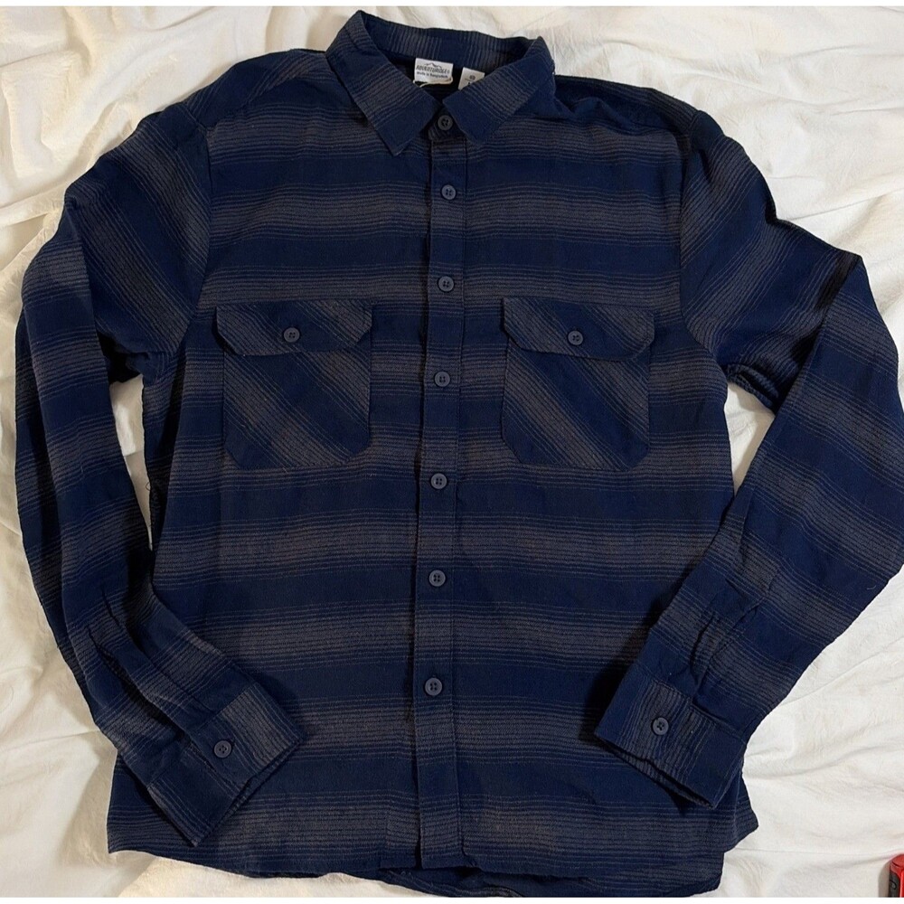 ADVENTURIDGE Flannel Shirt Mens M Blue Grey Striped Long Sleeve Button Up